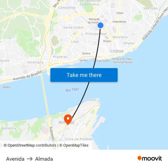 Avenida to Almada map