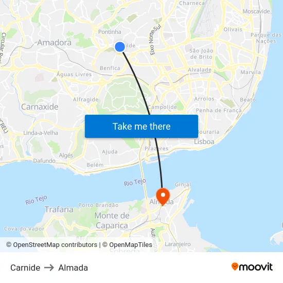 Carnide to Almada map