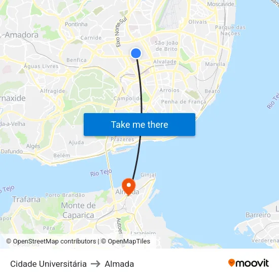 Cidade Universitária to Almada map
