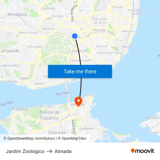 Jardim Zoológico to Almada map