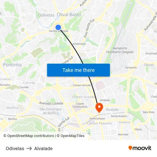 Odivelas to Alvalade map