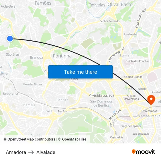Amadora to Alvalade map