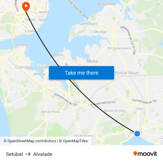 Setúbal to Alvalade map