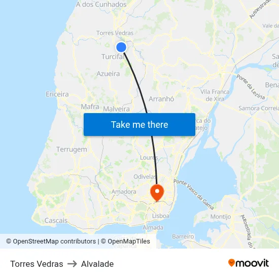 Torres Vedras to Alvalade map