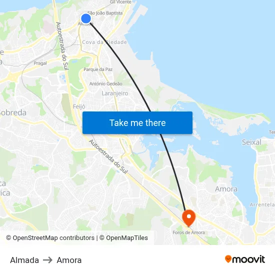 Almada to Amora map