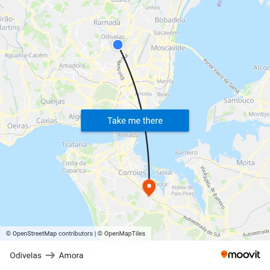 Odivelas to Amora map