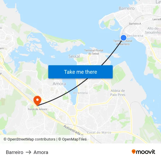 Barreiro to Amora map