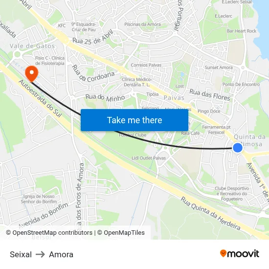 Seixal to Amora map