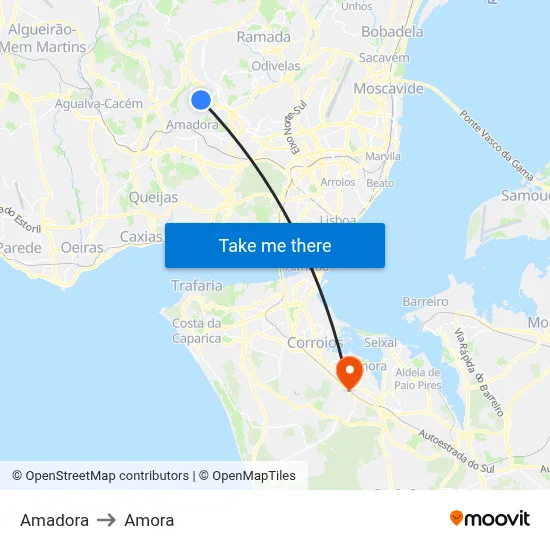 Amadora to Amora map