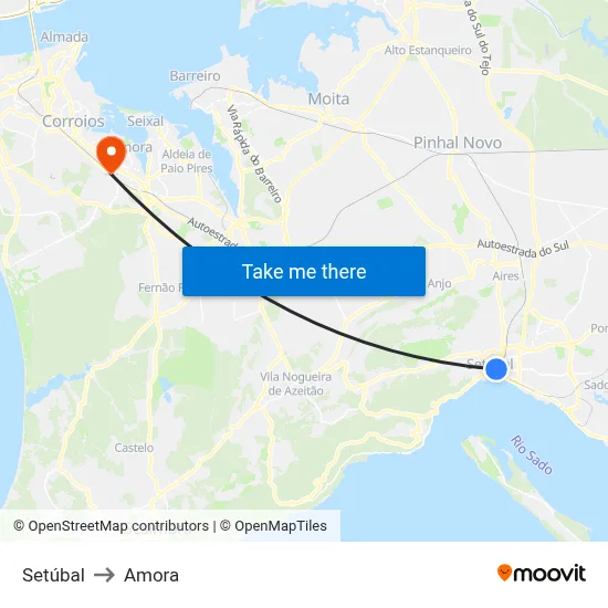 Setúbal to Amora map