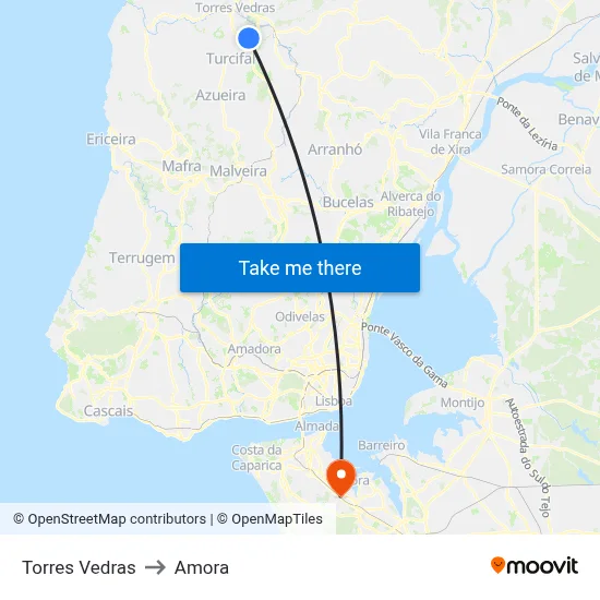 Torres Vedras to Amora map
