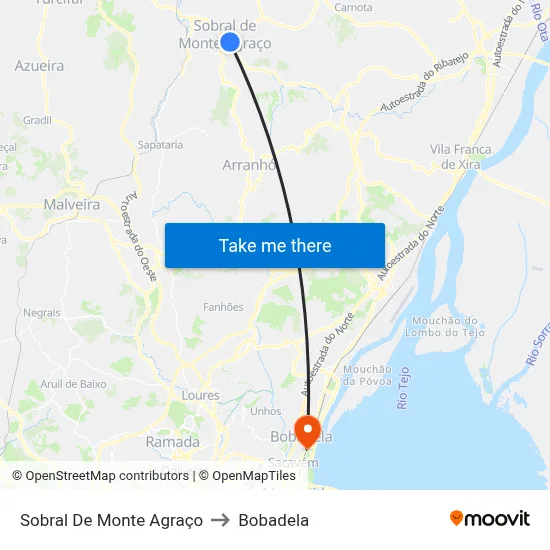 Sobral De Monte Agraço to Bobadela map