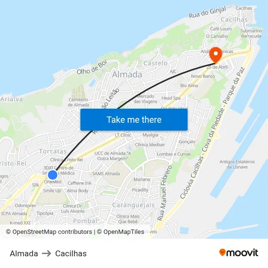 Almada to Cacilhas map