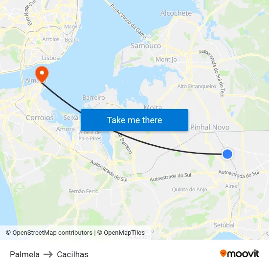 Palmela to Cacilhas map