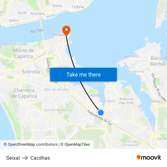 Seixal to Cacilhas map