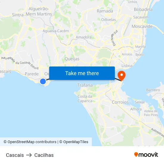 Cascais to Cacilhas map
