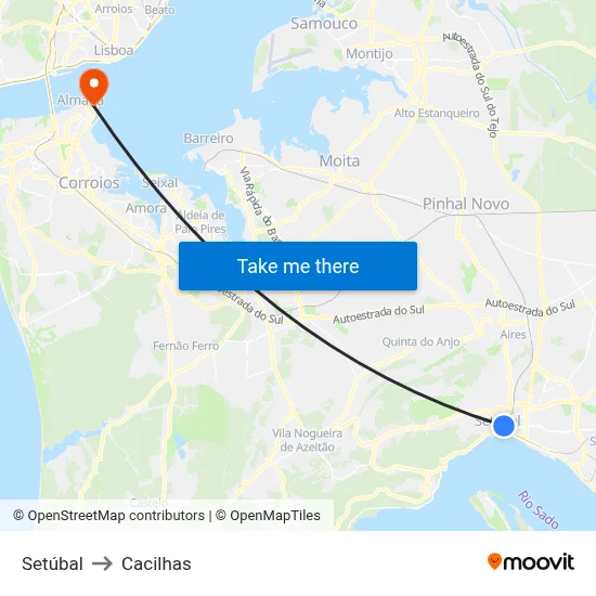 Setúbal to Cacilhas map