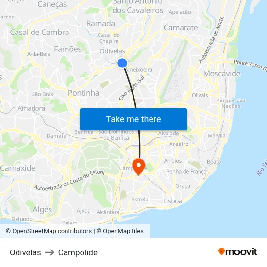 Odivelas to Campolide map