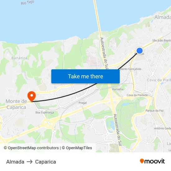 Almada to Caparica map