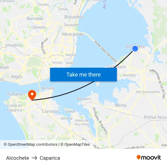 Alcochete to Caparica map