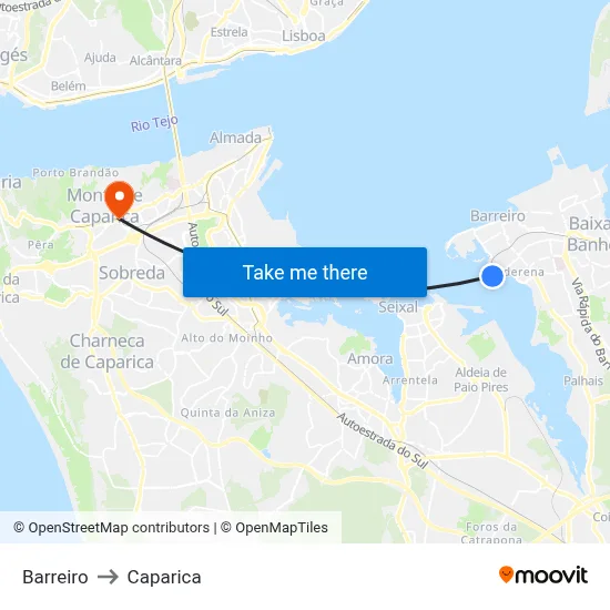 Barreiro to Caparica map