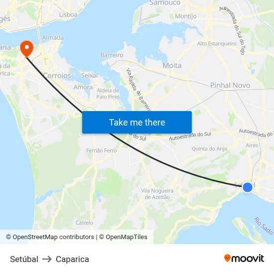 Setúbal to Caparica map
