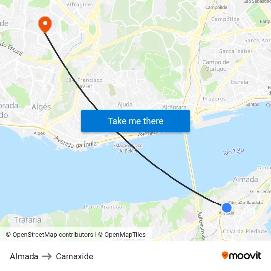 Almada to Carnaxide map