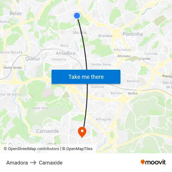 Amadora to Carnaxide map