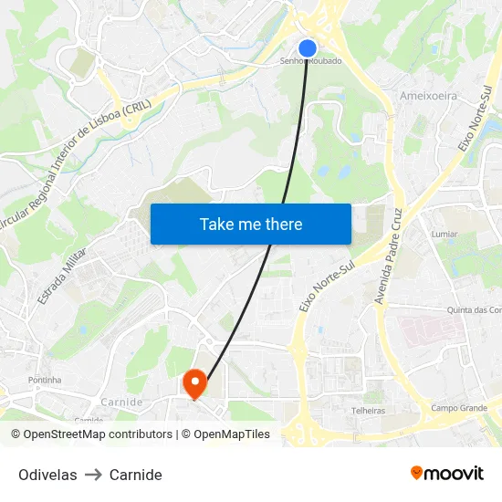 Odivelas to Carnide map