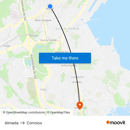 Almada to Corroios map
