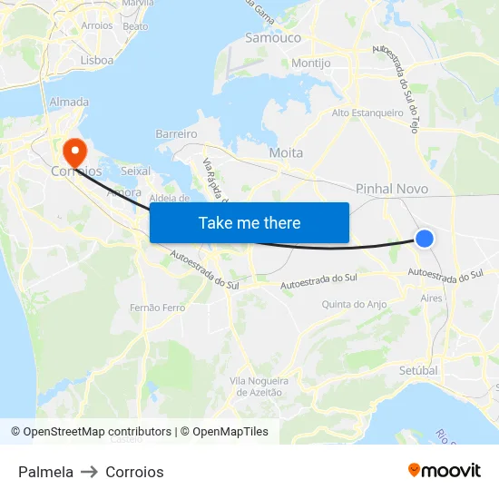 Palmela to Corroios map