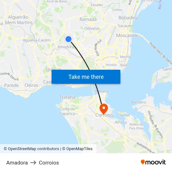 Amadora to Corroios map