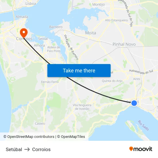 Setúbal to Corroios map