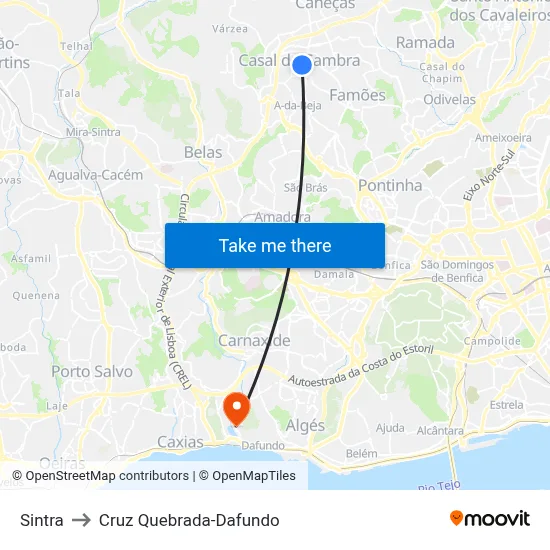 Sintra to Cruz Quebrada-Dafundo map
