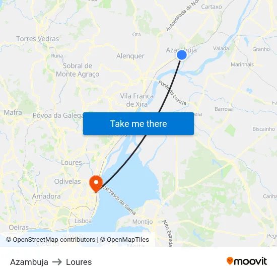 Azambuja to Loures map
