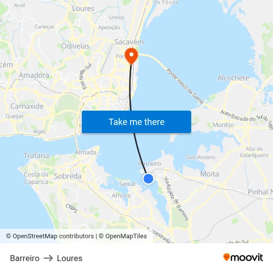 Barreiro to Loures map