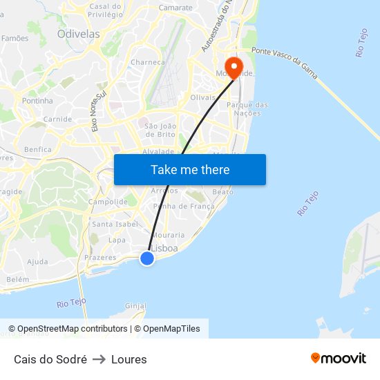 Cais do Sodré to Loures map