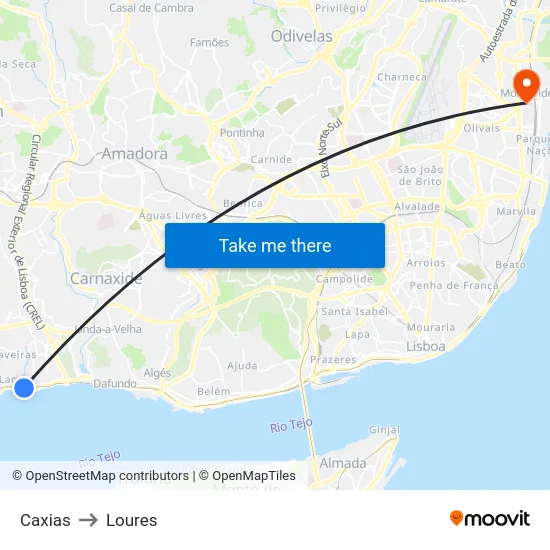 Caxias to Loures map
