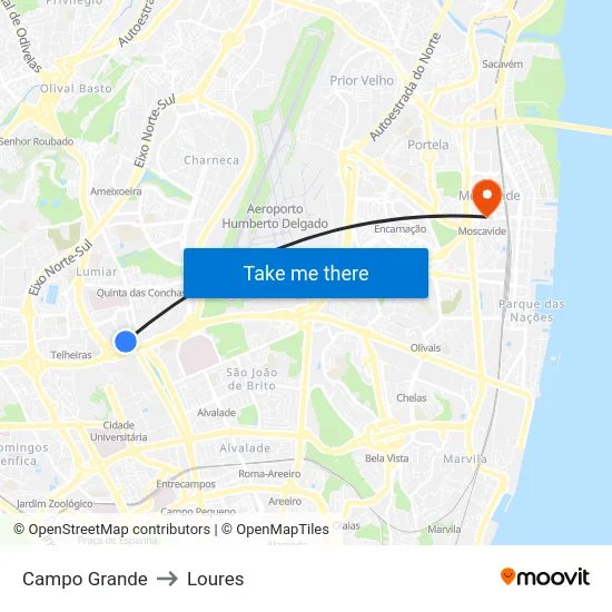 Campo Grande to Loures map