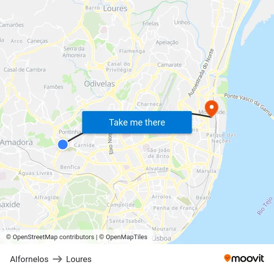 Alfornelos to Loures map