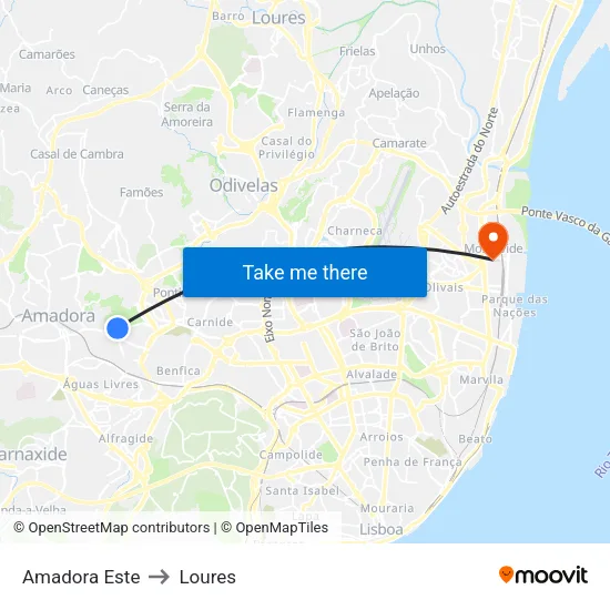 Amadora Este to Loures map