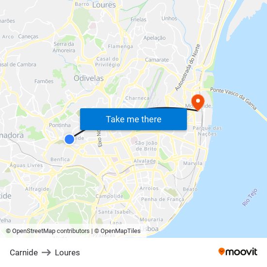 Carnide to Loures map