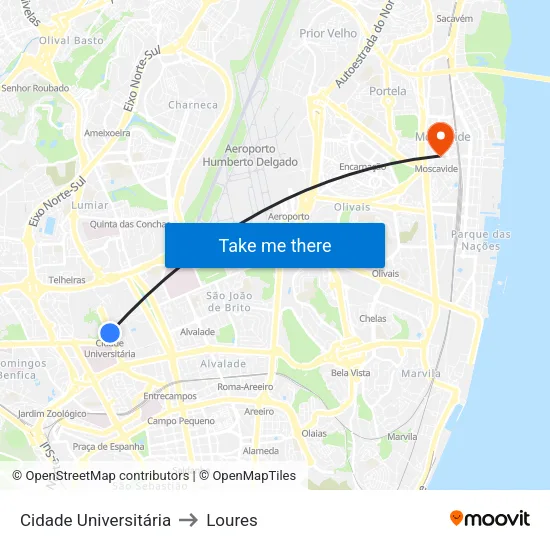 Cidade Universitária to Loures map
