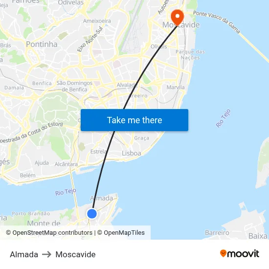 Almada to Moscavide map