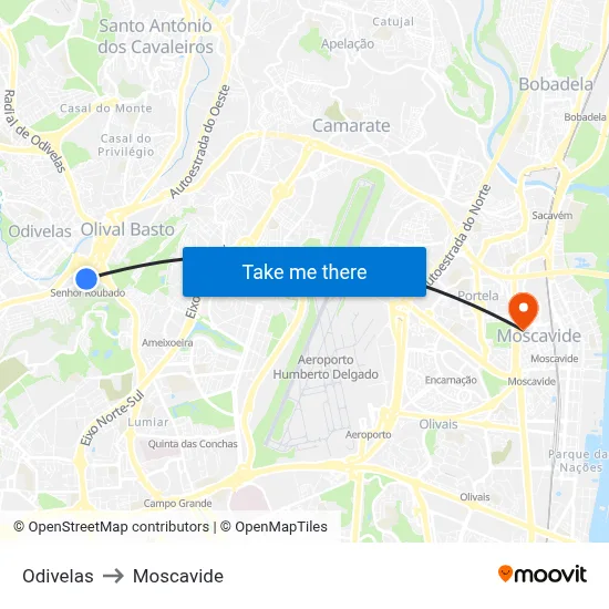 Odivelas to Moscavide map