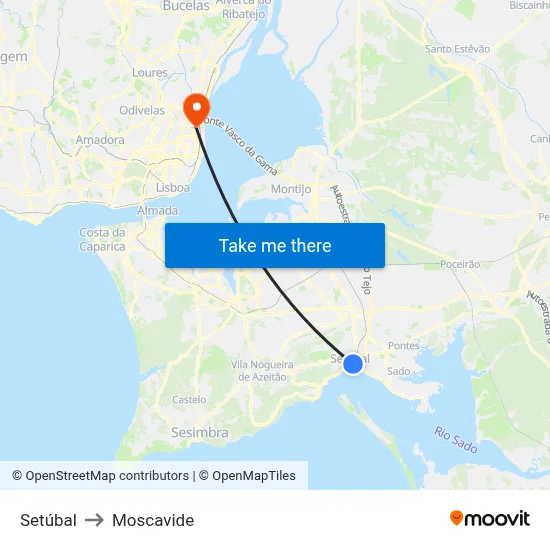 Setúbal to Moscavide map