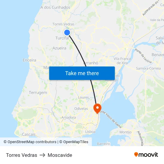 Torres Vedras to Moscavide map
