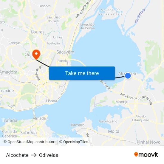 Alcochete to Odivelas map