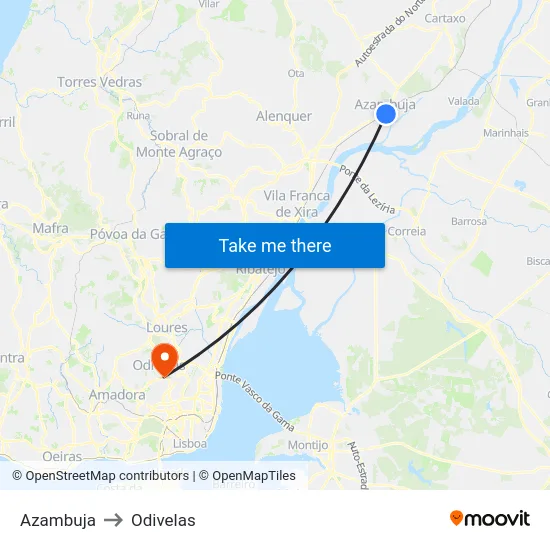 Azambuja to Odivelas map