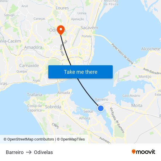 Barreiro to Odivelas map